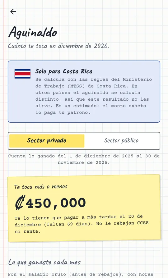 Calculadora de aguinaldo con las reglas del MTSS de Costa Rica