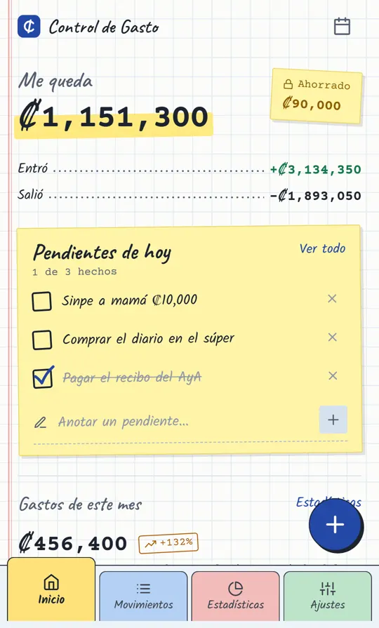 Pantalla de inicio de Control de Gasto: cuánto me queda del mes, ahorro y gastos